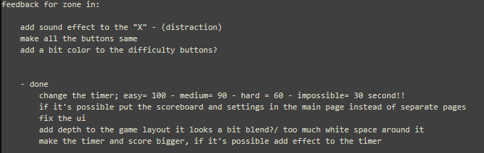 Zone In Feedback Checklist